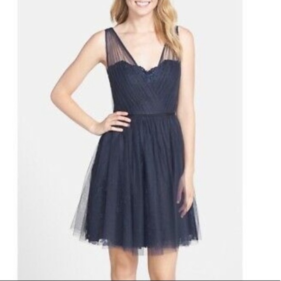 NWT MONIQUE LHUILLIER Dress Fit & Flare Dress Navy Tuelle Overlay Dress Size 16 - Picture 1 of 11